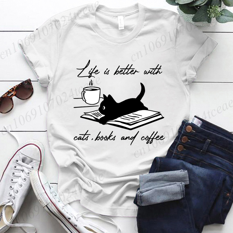 Women Fashion Quotes - Hayat Kediler, kitaplar ve Kahve Tshirt